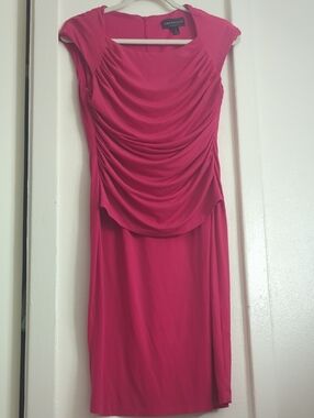 Connected Apparel Hot Pink Ruched Midi Dress